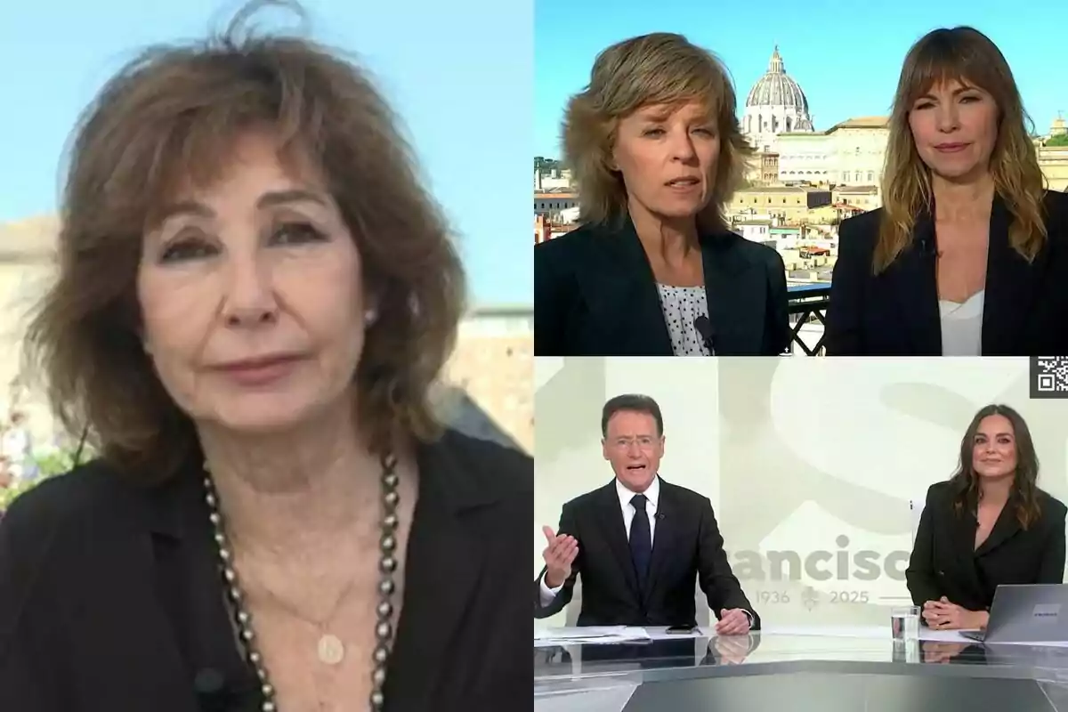 Un collage de tres imatges mostrant diverses persones en un entorn de notícies o entrevistes, amb Ana Rosa Quintana a El Programa de Ana Rosa, Marta Carazo i Alejandra Herranz al Telediari i Matías Prats i Mónica Carrillo a Antena 3 Notícies, amb un fons que inclou un edifici emblemàtic.