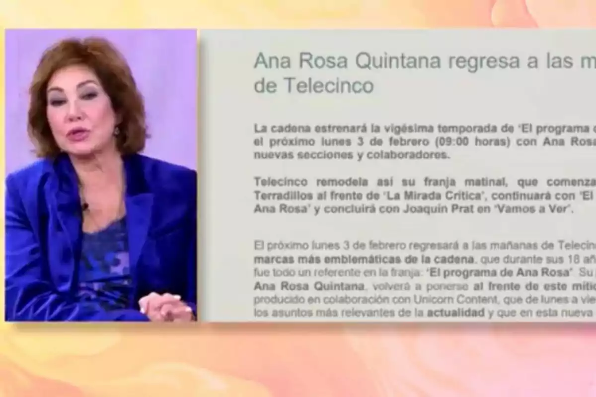 Ana Rosa Quintana amb jaqueta blava apareix amb un text que anuncia el retorn d?un programa de televisió a Telecinco.