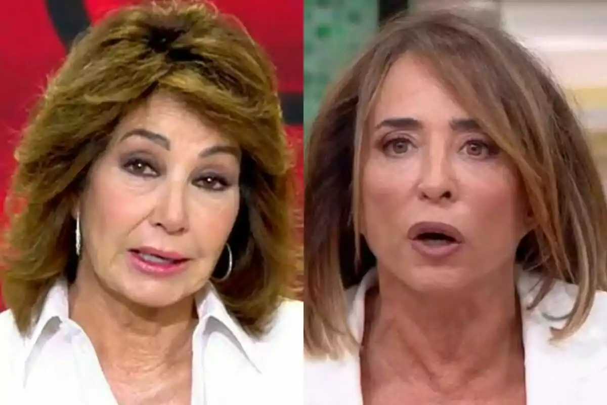 Ana Rosa Quintana en EL Programa de Ana Rosa y María Patiño en La Familioa de la Tele, ambas de mediana edad con cabello castaño y expresión seria aparecen en primer plano, ambas visten camisas blancas y están en un entorno de estudio de televisión.