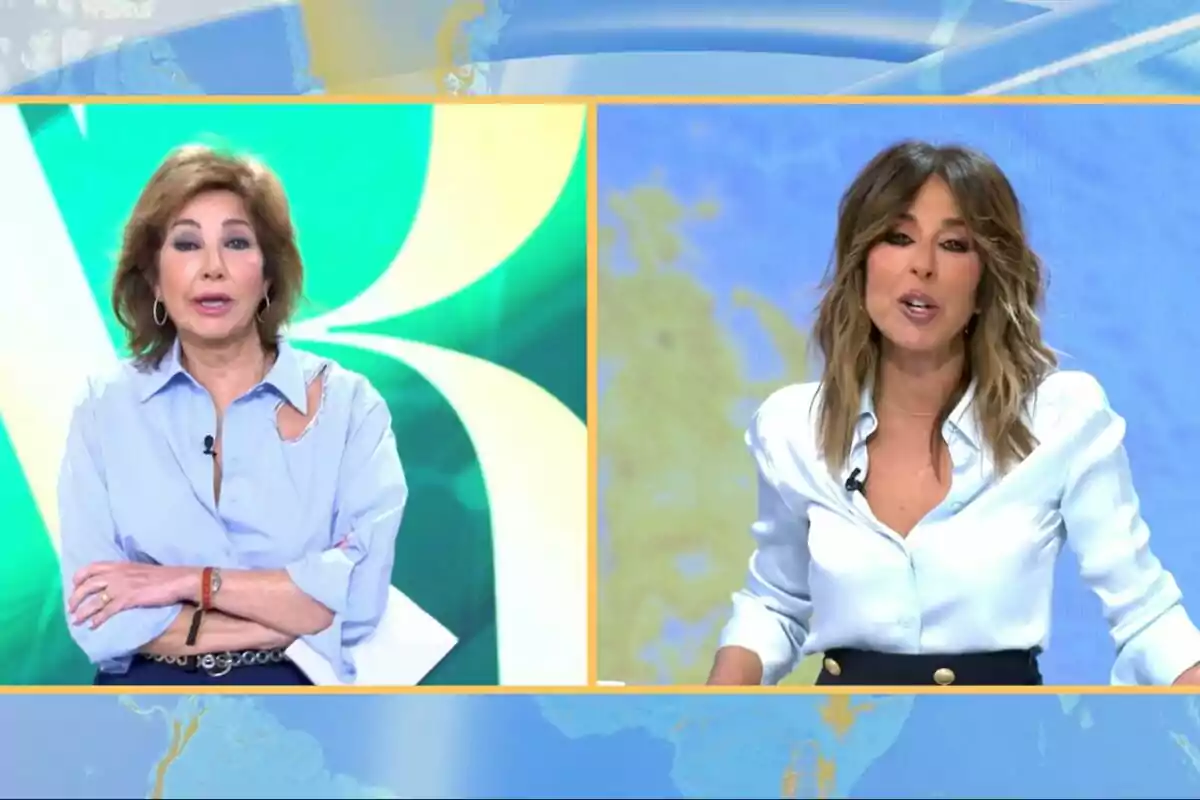 Dues presentadores de televisió en un programa, Ana Rosa Quintana a l'esquerra amb camisa blau clar i fons verd a El Programa de Ana Rosa, i Ana Terradillos a la dreta amb brusa blanca i fons blau a La Mirada Crítica. Dues presentadores de televisió en un programa, Ana Rosa Quintana a l'esquerra amb camisa blau clar i fons verd a El Programa de Ana Rosa, i Ana Terradillos a la dreta amb brusa blanca i fons blau a La Mirada Crítica.