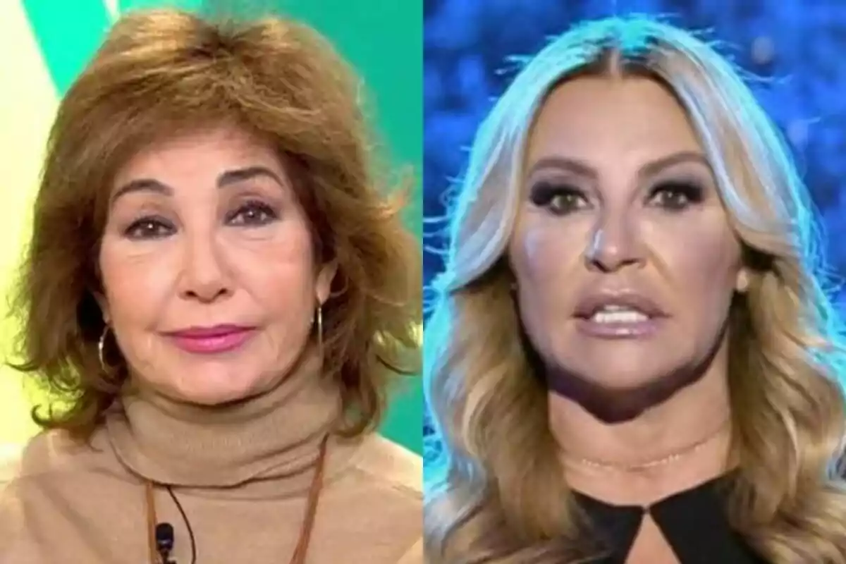 Dos mujeres en un montaje de fotos, Ana Rosa Quintana con cabello castaño y suéter beige, Cristina Tárrega con cabello rubio y fondo azul.