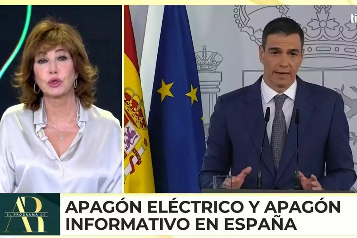 Ana Rosa Quintana y Pedro Sánchez aparecen en una transmisión en vivo, con banderas de fondo y un titular que menciona un apagón eléctrico e informativo en España en El Programa de Ana Rosa.