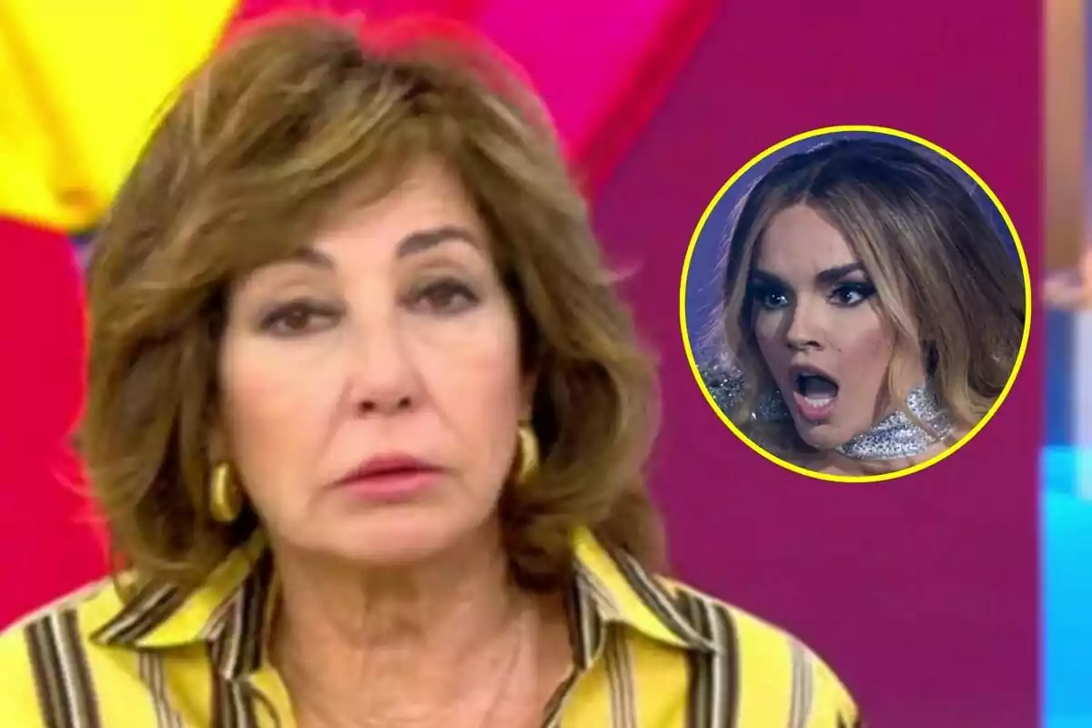 Ana Rosa Quintana con expresión seria en El Programa de Ana Rosa en primer plano y un recuadro con Melody sorprendida en Eurovisión en el fondo.