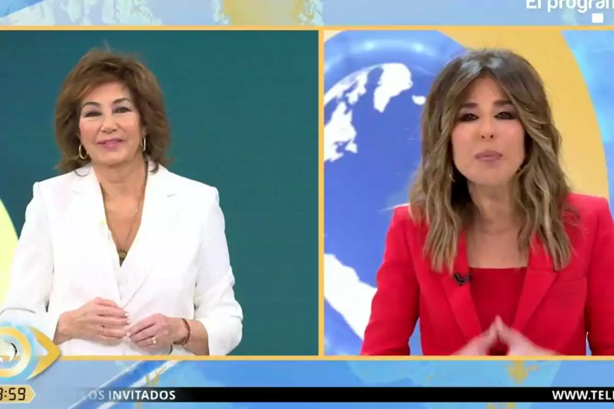 Dos presentadoras de televisión en un programa, Ana Rosa vestida de blanco en El Programa de Ana Rosa y Ana Terradillos de rojo en La Mirada Crítica, con un fondo de mapa del mundo. Dos presentadoras de televisión en un programa, Ana Rosa vestida de blanco en El Programa de Ana Rosa y Ana Terradillos de rojo en La Mirada Crítica, con un fondo de mapa del mundo.