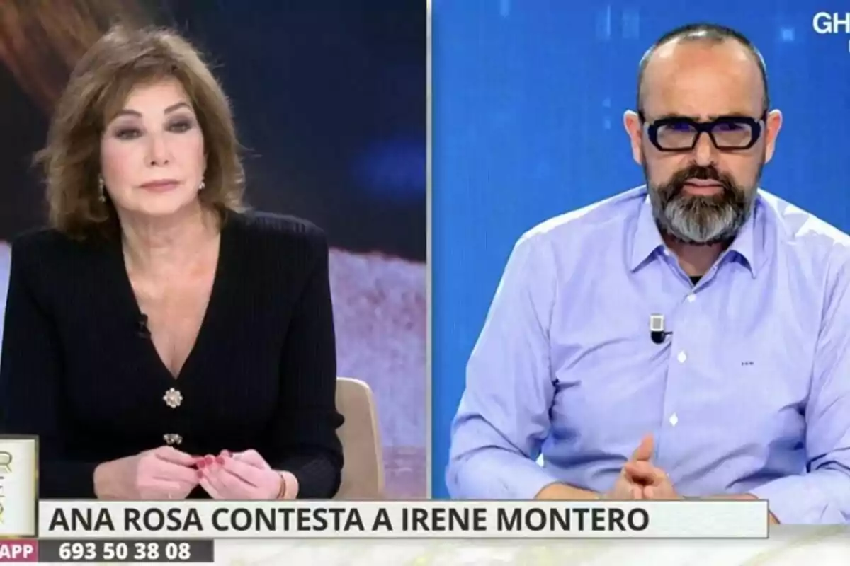 Ana Rosa Quintana a TardeAR i Risto Mejide a Todo es Mentira amb un text en pantalla que diu "Ana Rosa contesta Irene Montero".