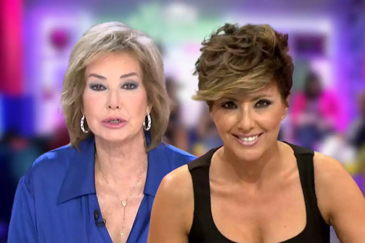 Ana Rosa Quintana y Sonsoles Ónega en un set de televisión con fondo colorido.