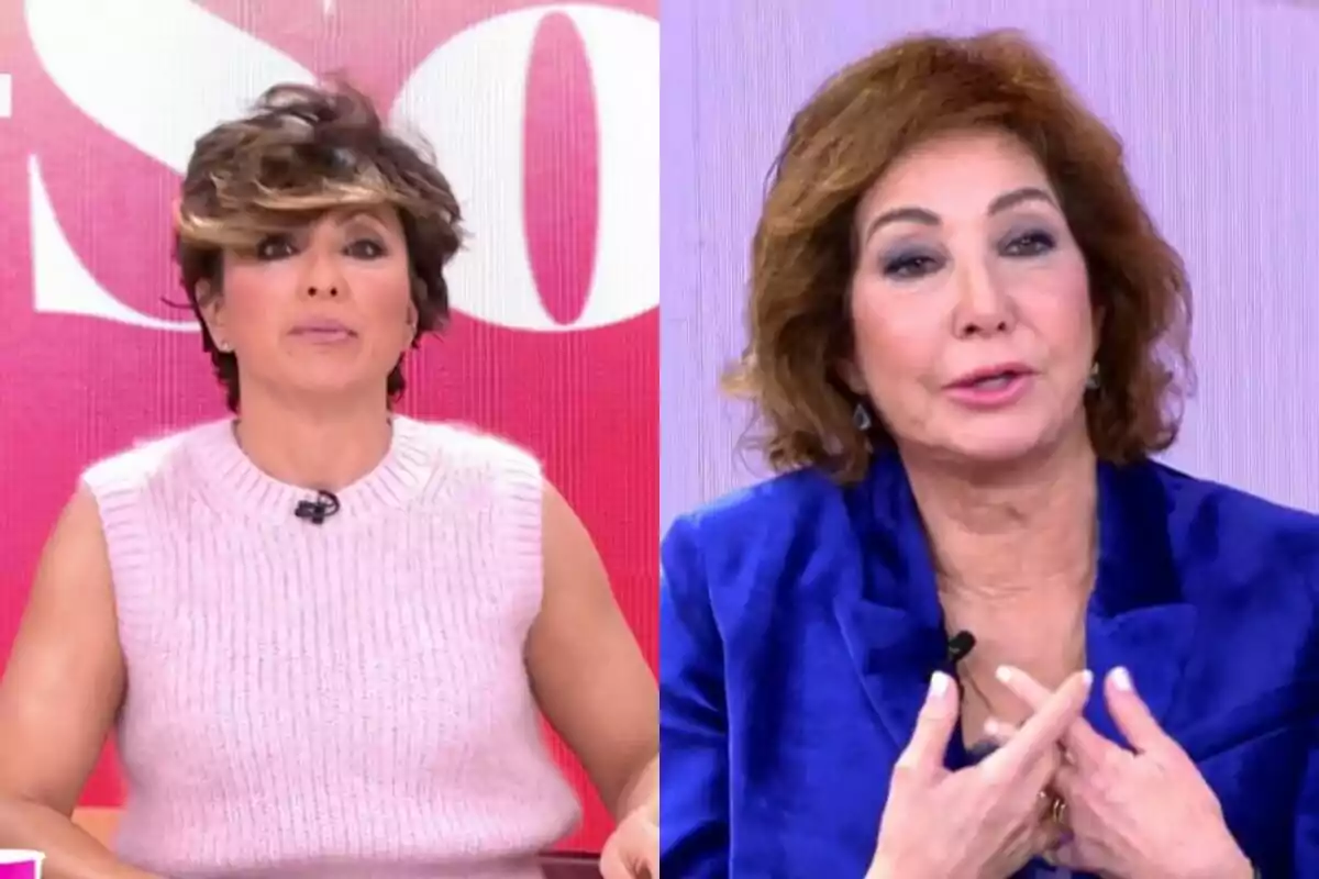 Ana Rosa Quintana y Sonsoles Ónega en un programa de televisión, una lleva un suéter rosa y la otra un traje azul.