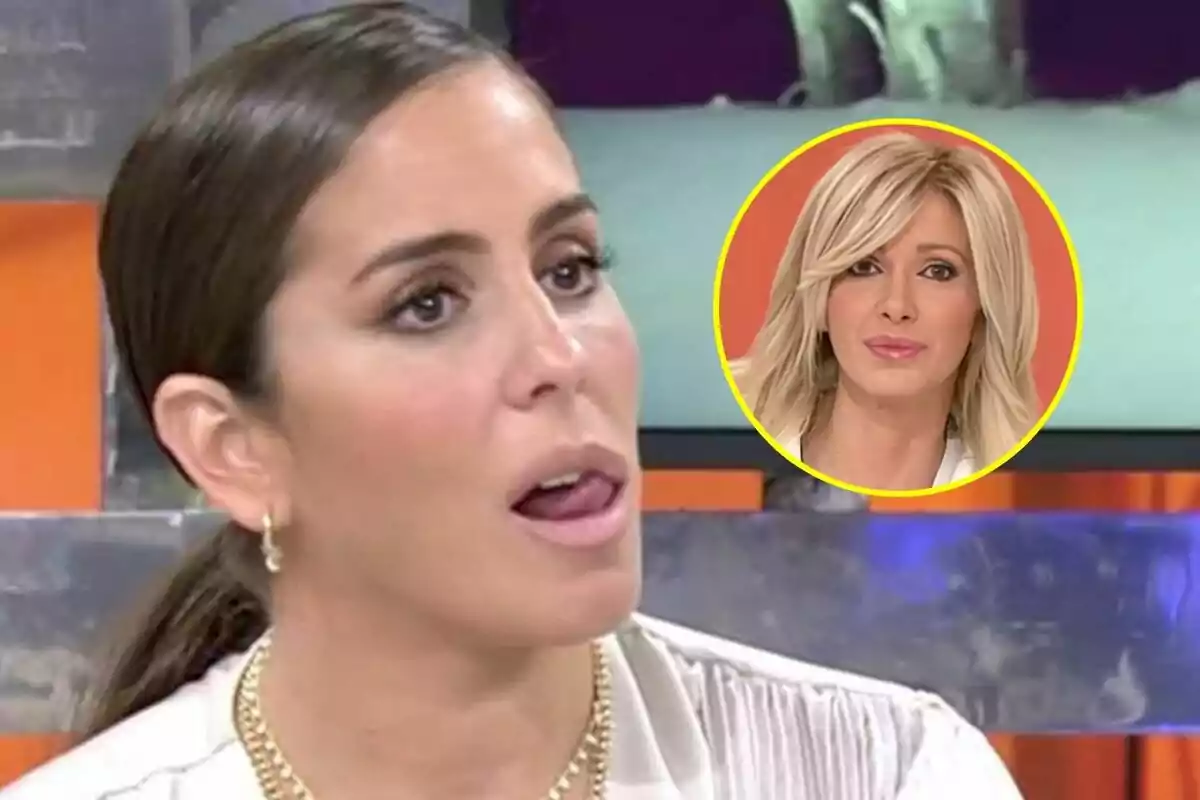 Anabel Pantoja con expresión pensativa en un programa de televisión con un recuadro que muestra a otra Susanna Griso en Espejo Público en el fondo.