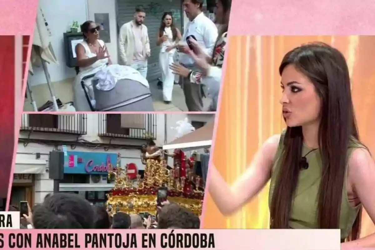 Alexia Rivas participa en una conversación en Fiesta mientras se muestran imágenes de un evento en la calle con Anabel Pantoja rodeada de varias personas y una procesión. Alexia Rivas participa en una conversación en Fiesta mientras se muestran imágenes de un evento en la calle con Anabel Pantoja rodeada de varias personas y una procesión.