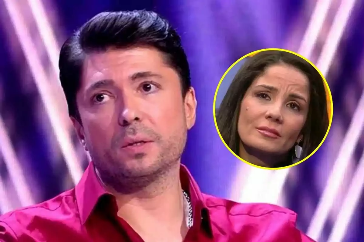 Ángel Cristo JR con camisa roja aparece en primer plano en De Viernes con una expresión seria mientras en la esquina superior derecha hay un recuadro circular con la imagen de Ana Herminia también con expresión seria.