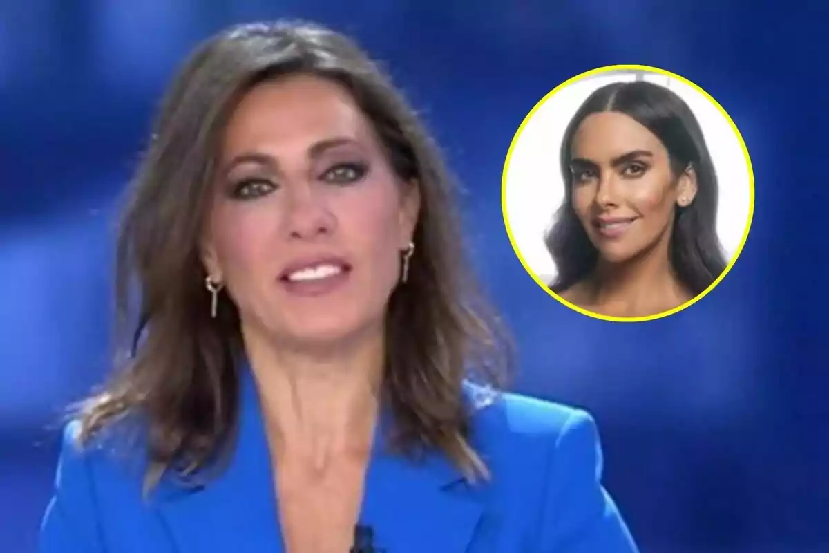 Ángeles Blanco con chaqueta azul en Informativos Telecinco en primer plano y Cristina Pedroche en un círculo amarillo en la esquina superior derecha.