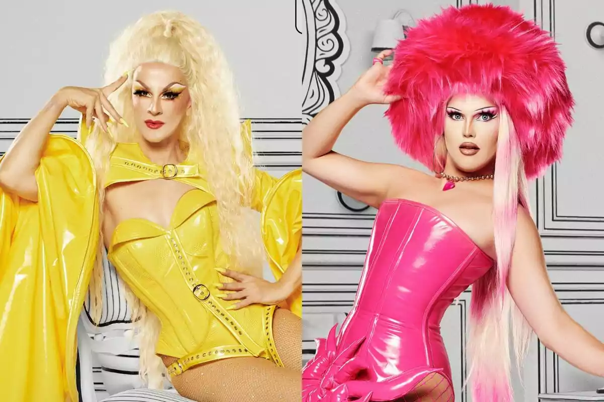 Angelita la Perversa i Chloe Vittu posant amb vestits cridaners, una amb un vestit groc brillant i l'altra amb un vestit rosa brillant i un barret pelut a Drag Race España.