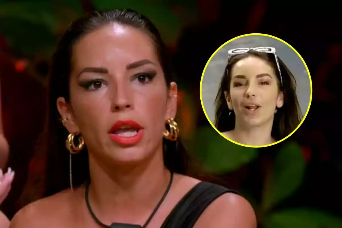 Anita Williams con cabello oscuro y labios rojos está hablando en La Isla de las Tentaciones, mientras que en la esquina superior derecha hay un recuadro con otra imagen de la misma mujer usando gafas sobre la cabeza en El Conquistador.