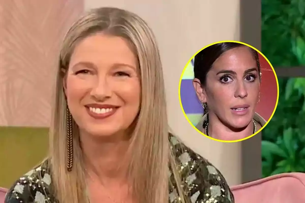 Anne Igartiburu sonriente con cabello rubio lacio y un pendiente largo en D Corazón, con un recuadro circular que muestra a Anabel Pantoja de cabello oscuro y expresión seria.