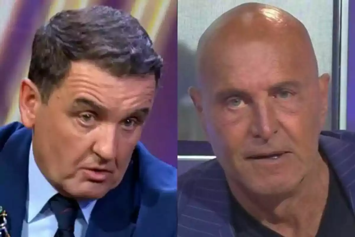 Dos hombres en un programa de televisión, Antonio Montero con cabello oscuro en De Viernes y Kiko Matamoros en Ni que fuéramos, ambos con expresiones serias.