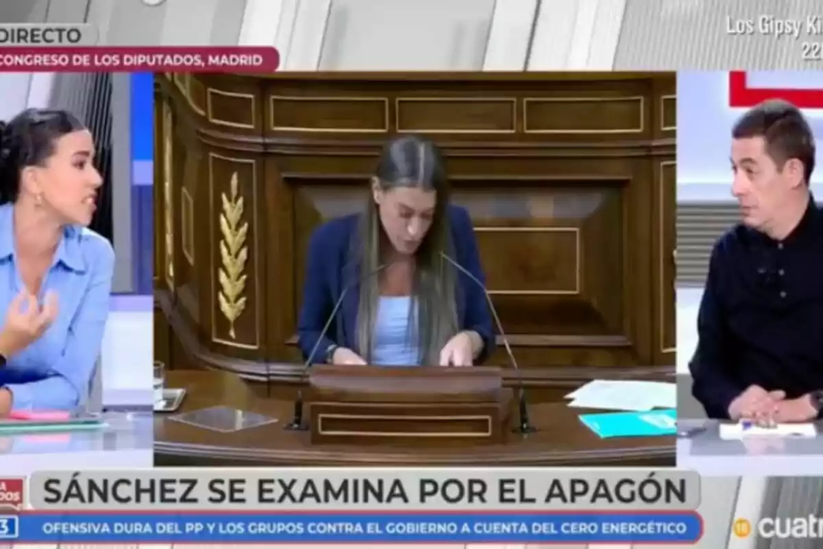 En la imagen se observa un programa de televisión,'En boca de todos', en el que se discute un tema político relacionado con el Congreso de los Diputados en Madrid, con Sarah Santaolalla y Antonio Naranjo participando en la conversación.