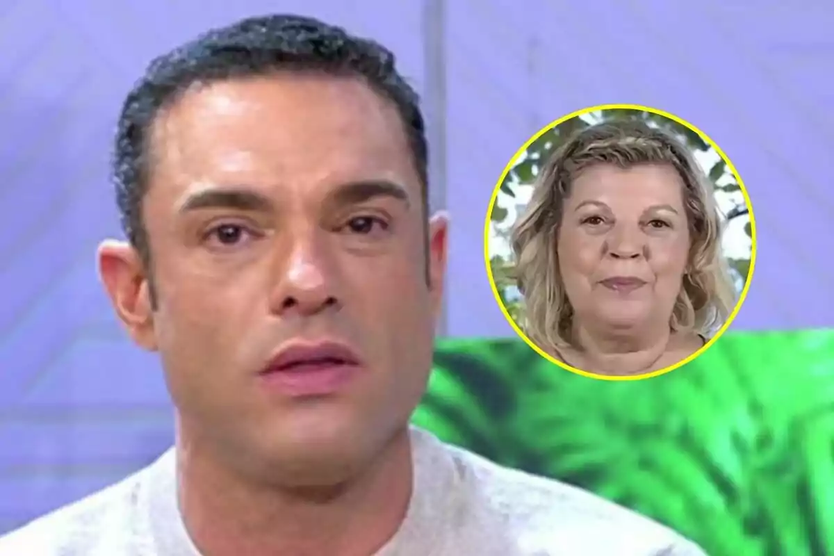 Antonio Rossi con expresión seria en Vamos a ver en primer plano y Terelu Campos en Supervivientes en un círculo amarillo en el fondo.