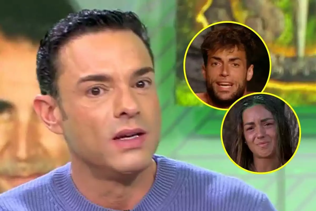 Antonio Rossi amb expressió seriosa a Vamos a ver en primer pla i Montoya i Anita a Supervivientes dins de cercles grocs a la cantonada superior dreta, una d'elles amb expressió seriosa i l'altra plorant.