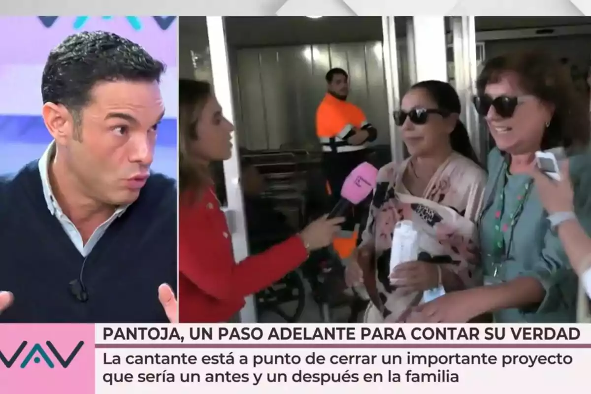 Antonio Rossi hablando en un Vamos a ver a la izquierda e Isabel Pantoja siendo entrevistada por una reportera a la derecha, con un texto en la parte inferior que menciona a una cantante y un proyecto importante. Antonio Rossi hablando en un Vamos a ver a la izquierda e Isabel Pantoja siendo entrevistada por una reportera a la derecha, con un texto en la parte inferior que menciona a una cantante y un proyecto importante.