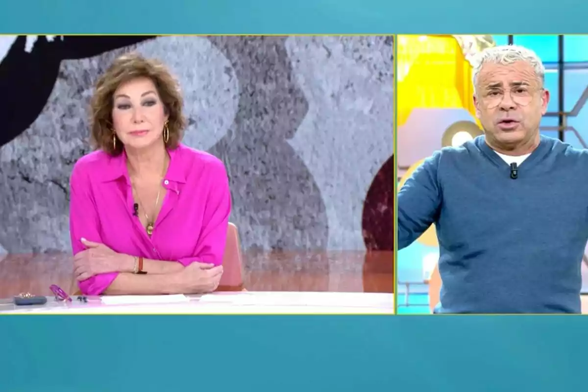 Ana Rosa Quintana i Jorge Javier en un programa de televisió, una dona amb brusa rosa i un home amb jersei blau, tots dos en un plató acolorit.