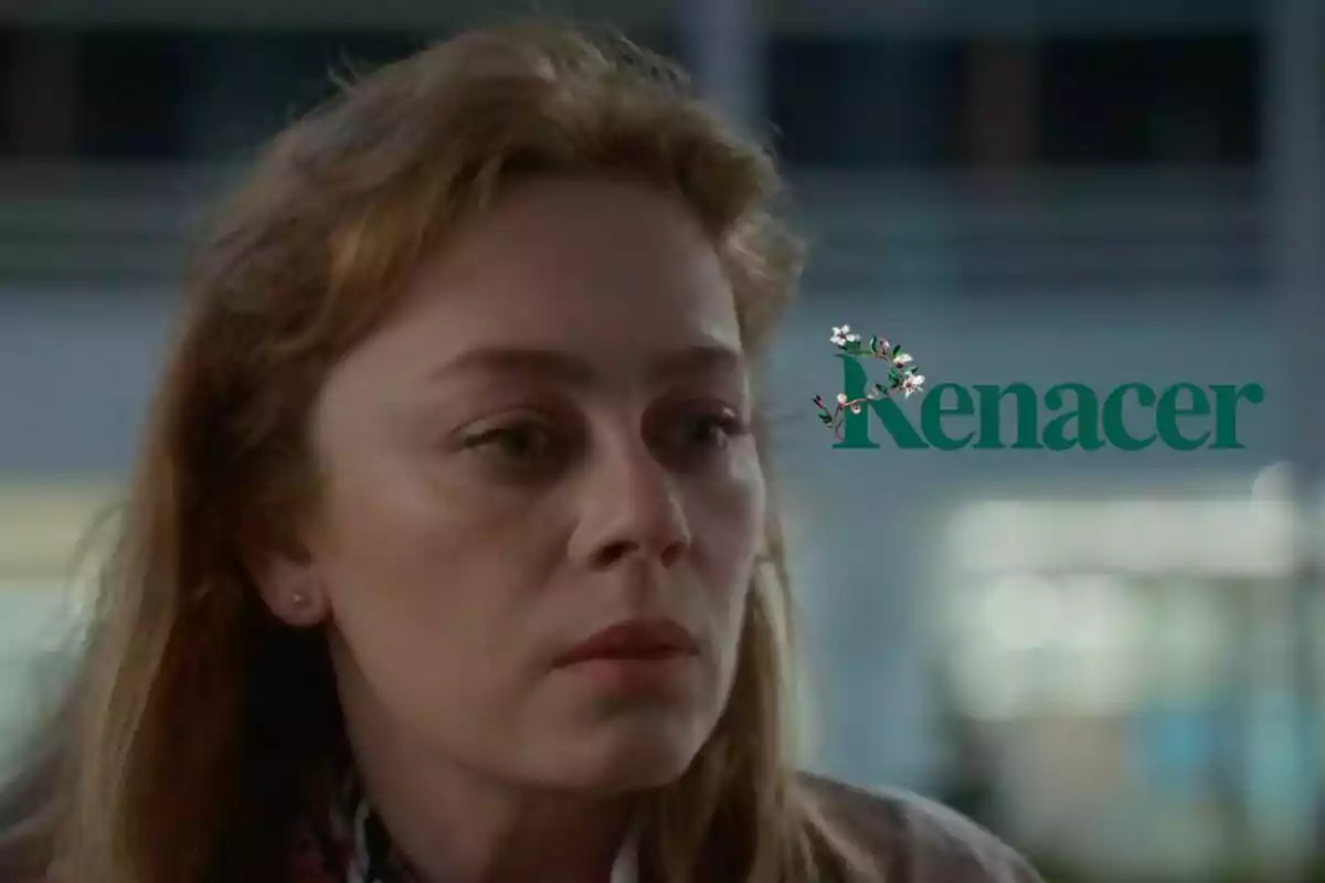 Bahar con expresión seria y la palabra "Renacer" decorada con flores.