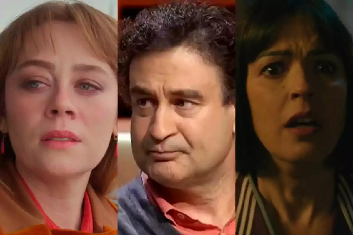 Tres persones, Bahar a Renacer, Pepe Rodríguez a MasterChef i Verónica Sánchez a La Favorita 1922, amb expressions facials de preocupació i sorpresa.