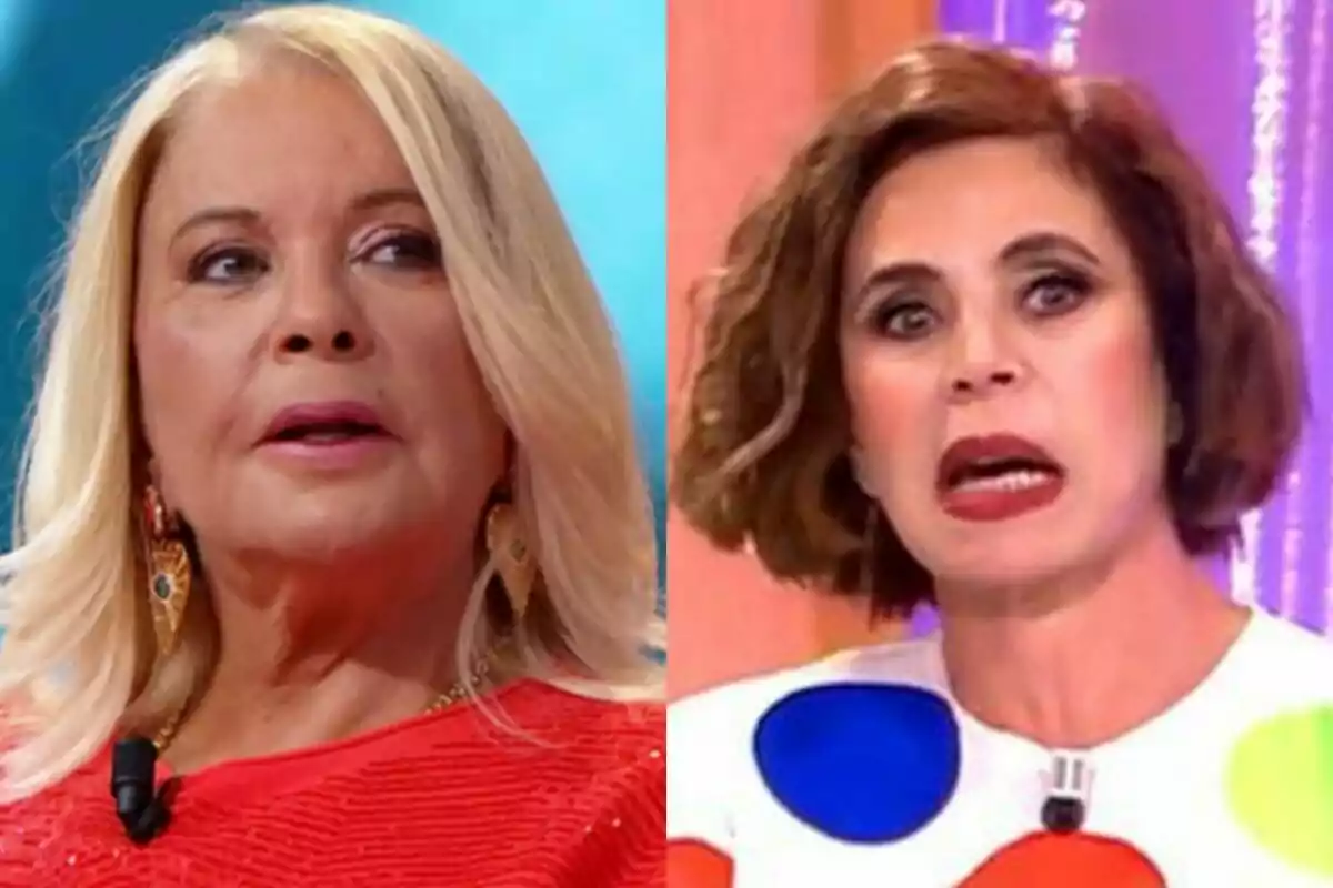 Dos mujeres en un programa de televisión, Bárbara Rey con cabello rubio y Ágatha Ruiz de la Prada en Fiesta con cabello castaño, ambas con expresiones faciales distintas.