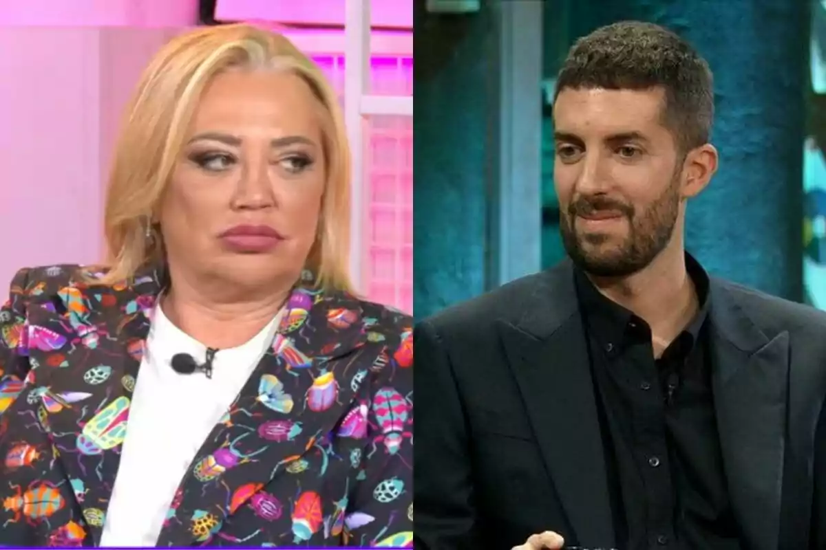 Belén Esteban y David Broncano en un programa de televisión, una mujer con chaqueta colorida y un hombre con traje oscuro.