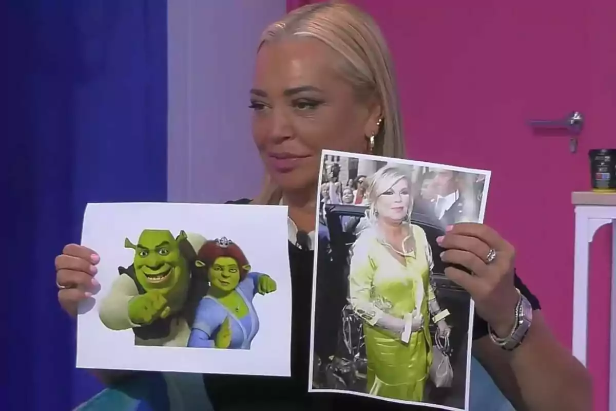 Captura de Belén Esteban en Ni que fuéramos sujetando dos imágenes, una de los personajes animados Shrek y Fiona y otra de Terelu Campos vestida de amarillo en una boda Captura de Belén Esteban en Ni que fuéramos sujetando dos imágenes, una de los personajes animados Shrek y Fiona y otra de Terelu Campos vestida de amarillo en una boda