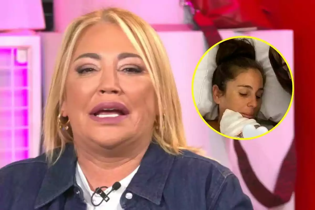 Belén Esteban rossa parlant a Ni que fuéramos amb una imatge inserida d'Anabel Pantoja ajaguda en un llit.