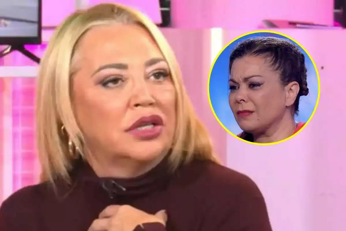 Belén Esteban rossa en primer pla amb expressió seriosa a Ni que fuéramos i un requadre circular a la cantonada superior dreta mostrant a María José Campanario a El Desafío amb expressió pensativa, fons amb tons rosats.