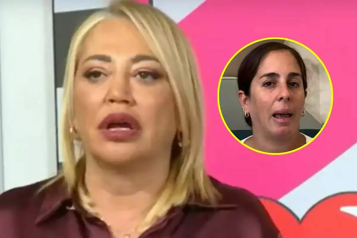 Belén Esteban rubia con expresión seria en Ni que fuéramos en primer plano y un recuadro circular con Anabel Pantoja de cabello oscuro en el fondo sobre un fondo rosa.