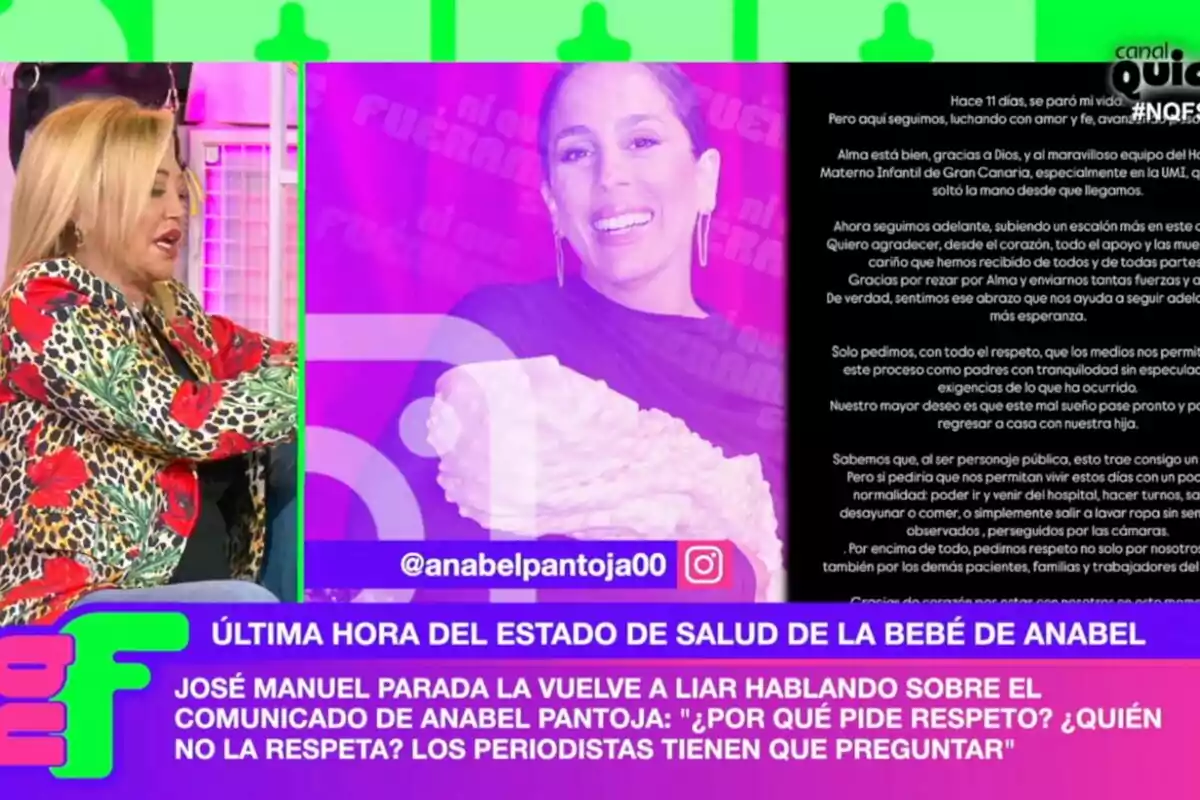 Belén Esteban con una blusa de estampado floral y leopardo está sentada en un set de televisión, mientras en la pantalla se muestra una imagen de Anabel Pantoja sonriendo junto a un texto y un titular que menciona la última hora del estado de salud de la bebé de Anabel. Belén Esteban con una blusa de estampado floral y leopardo está sentada en un set de televisión, mientras en la pantalla se muestra una imagen de Anabel Pantoja sonriendo junto a un texto y un titular que menciona la última hora del estado de salud de la bebé de Anabel.