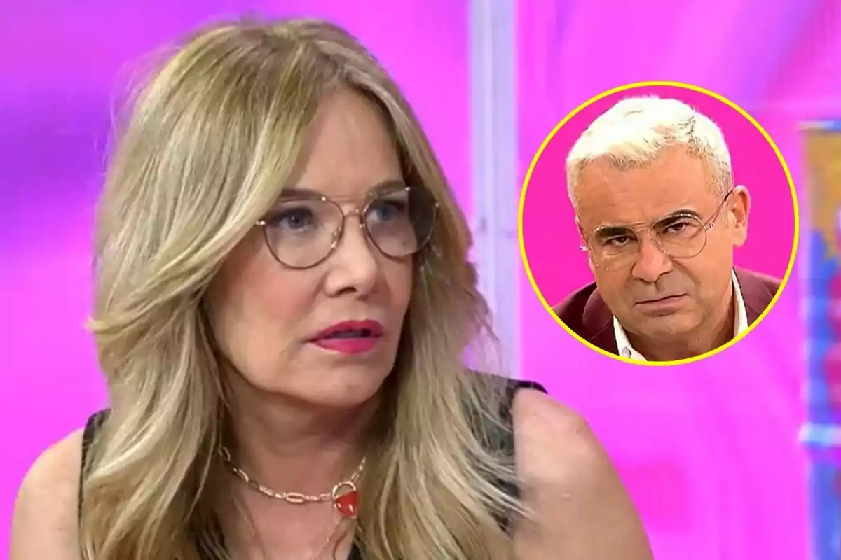 Belén Rodríguez con gafas y cabello rubio aparece en Tardear con un fondo rosa y un recuadro que muestra a Jorge Javier Vázquez con cabello corto y gafas en Sálvame.