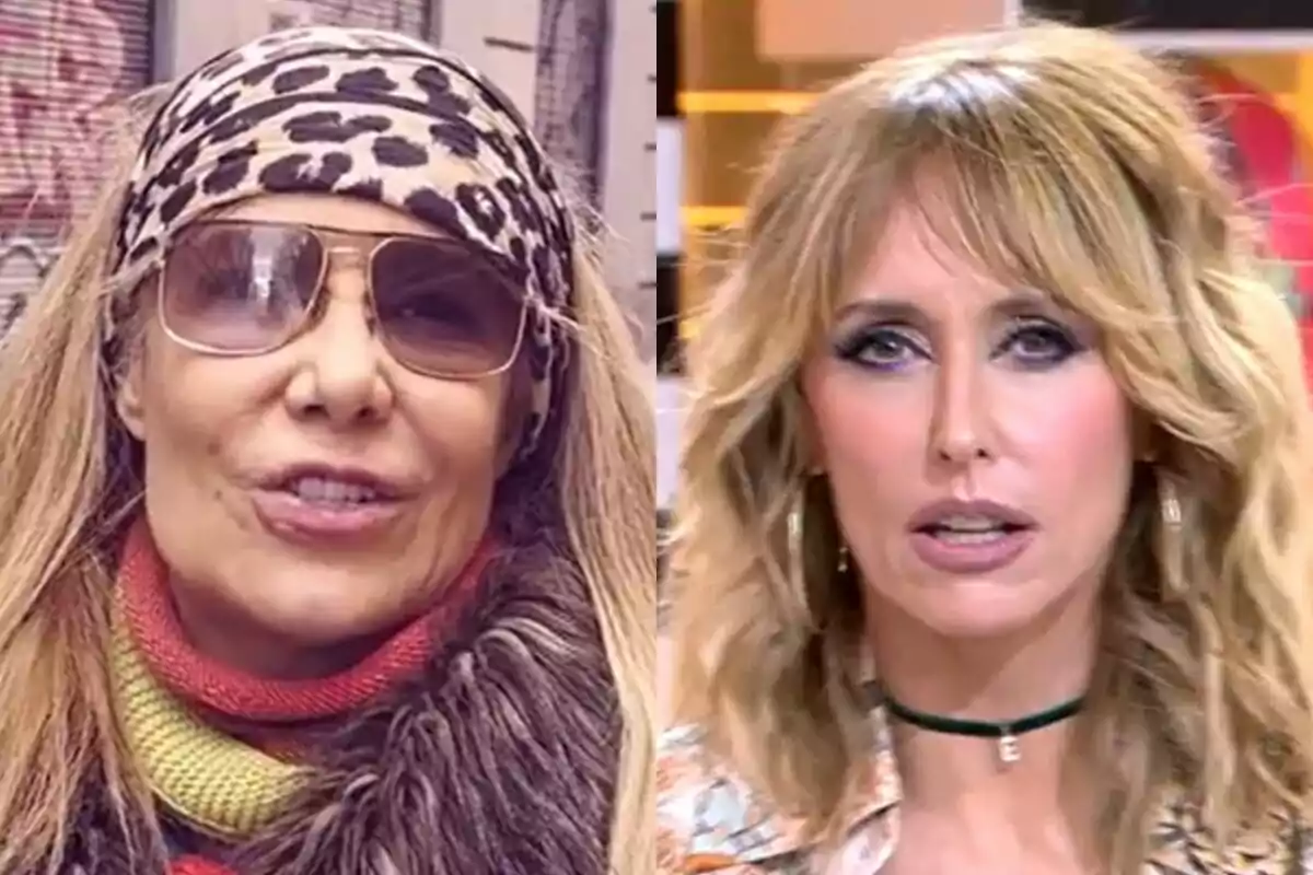 Dos mujeres aparecen en un montaje de fotos lado a lado, Belén Rodríguez lleva gafas de sol y un pañuelo con estampado de leopardo, mientras que Emma García en Fiesta tiene el cabello rubio suelto y lleva un collar negro con una letra colgante.