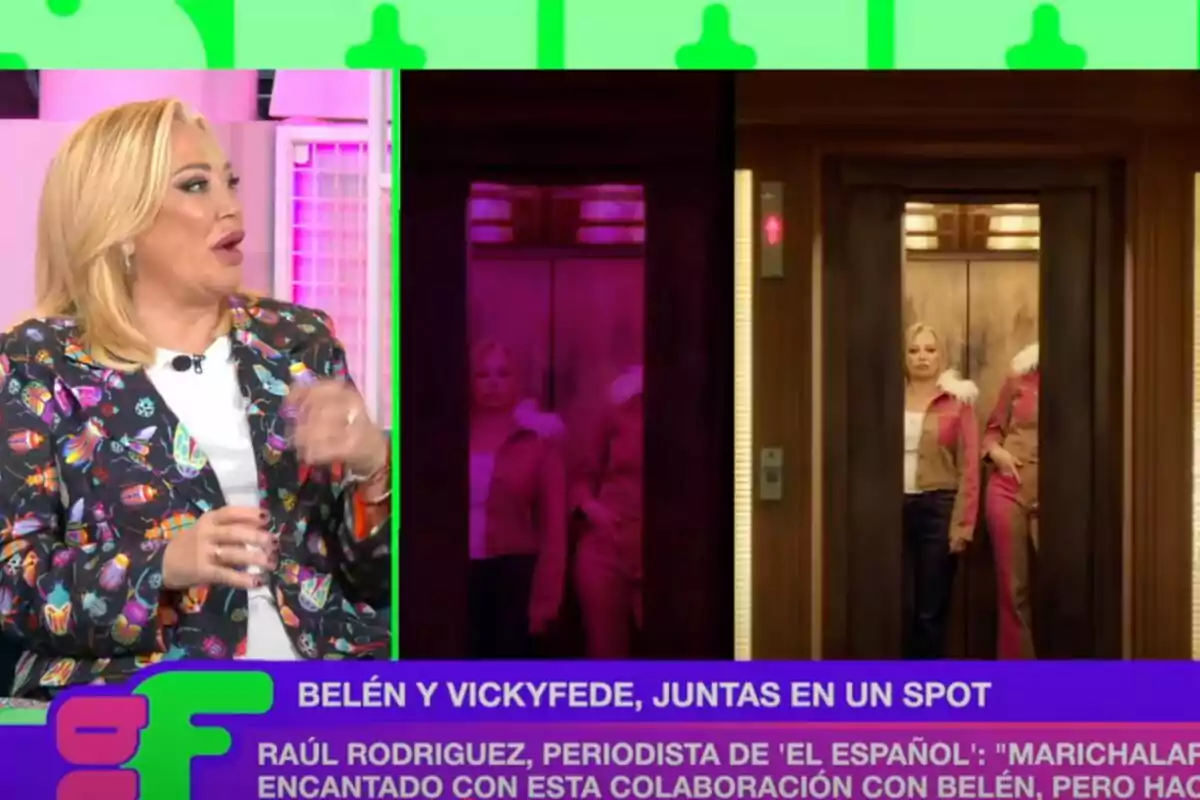 Belén Esteban rubia con chaqueta colorida está hablando en un set de televisión, a su lado hay una pantalla que muestra a dos mujeres saliendo de un ascensor, el texto en la parte inferior menciona una colaboración en un spot publicitario. Belén Esteban rubia con chaqueta colorida está hablando en un set de televisión, a su lado hay una pantalla que muestra a dos mujeres saliendo de un ascensor, el texto en la parte inferior menciona una colaboración en un spot publicitario.