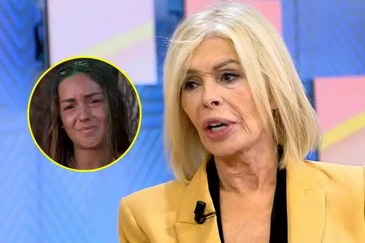 Bibiana Fernández rossa de cabell curt parlant a El Programa de Ana Rosa amb un requadre circular que mostra l’Anita jove amb expressió trista a Supervivientes
