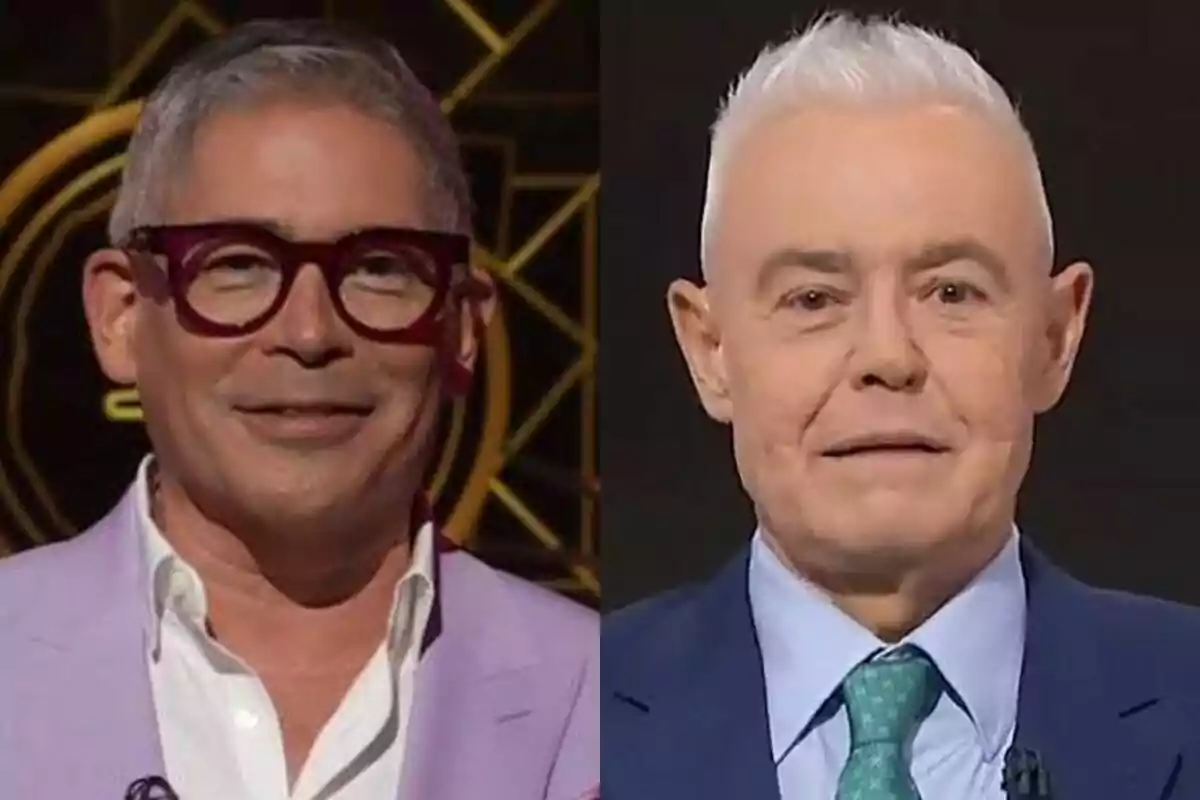 Dos hombres posan en Lazos de Sangre en un montaje de fotos lado a lado, Boris Izaguirre lleva gafas y un traje lila, mientras que Jordi González viste un traje azul con corbata verde.
