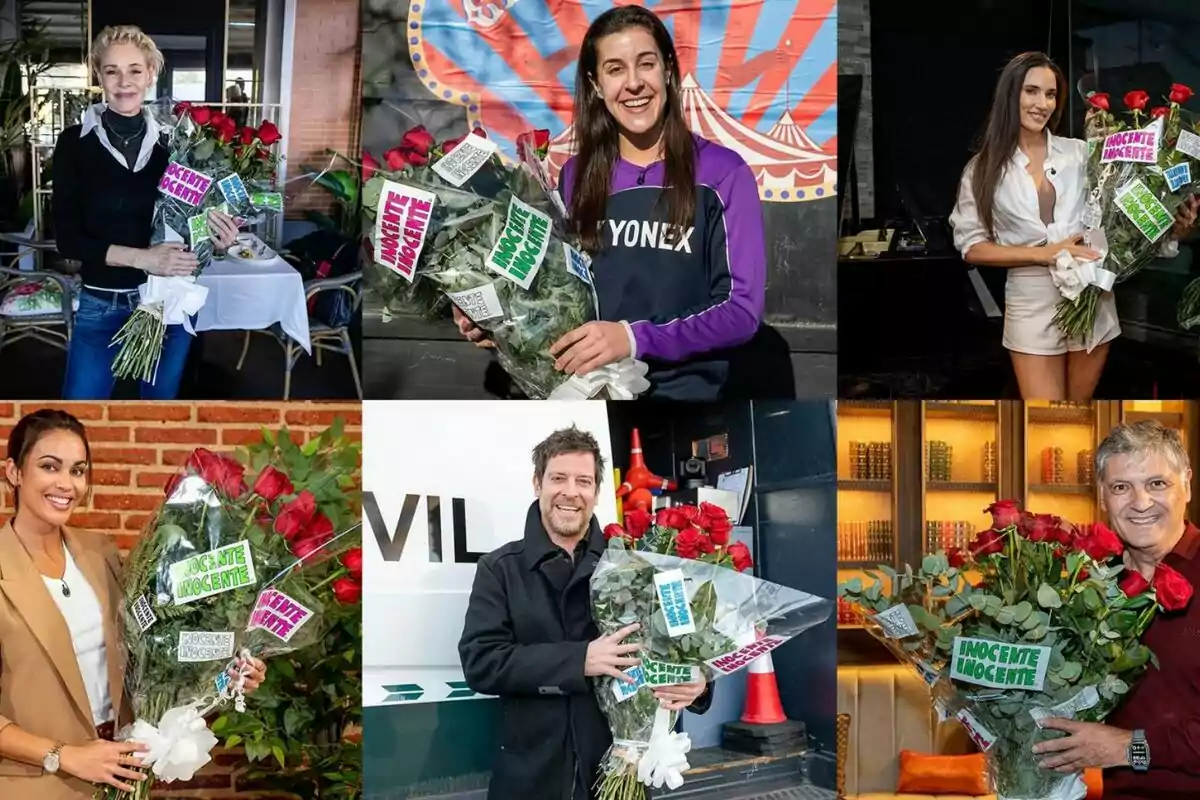 Carolina Marín, Lara Álvarez, Belén Rueda, Toni Nadal, India Martínez i Manu Baqueiro sostenen rams de roses amb etiquetes que diuen Carolina Marín, Lara Álvarez, Belén Rueda, Toni Nadal, India Martínez i Manu Baqueiro sostenen rams de roses amb etiquetes que diuen