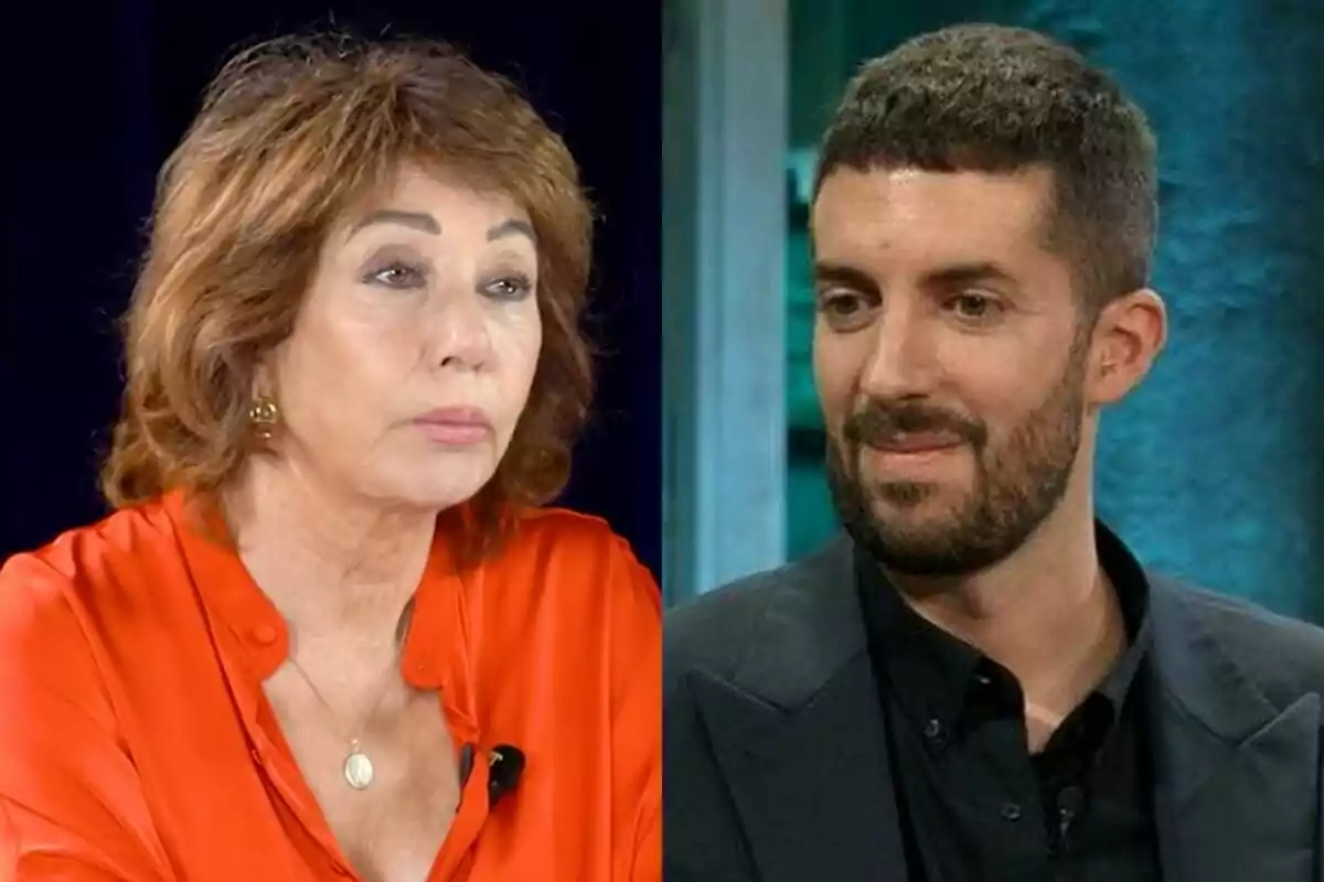 Ana Rosa Quintana y David Broncano en una imagen dividida, una mujer con blusa roja a la izquierda y un hombre con barba y chaqueta oscura a la derecha.