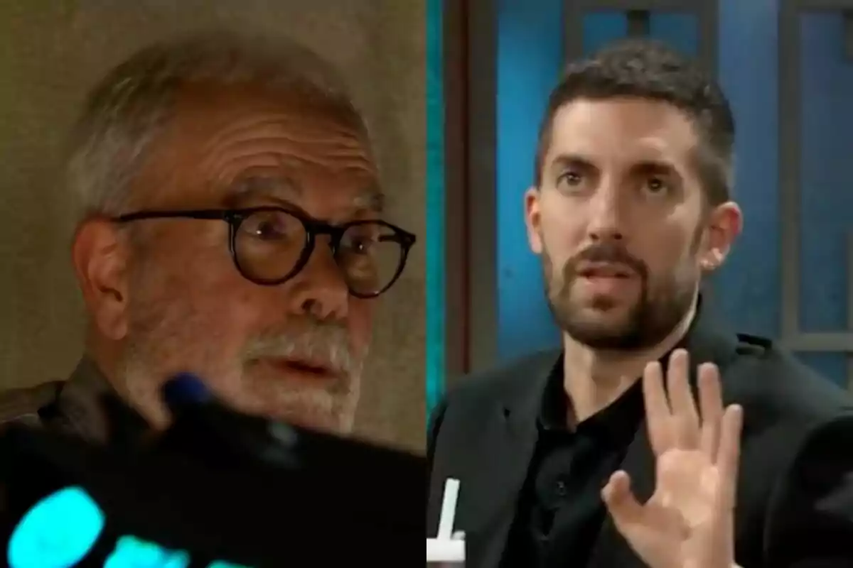 David Broncano y su padre en una conversación, uno de ellos con barba y gafas, David Broncano con barba y gesto de hablar en 'La Revuelta'.