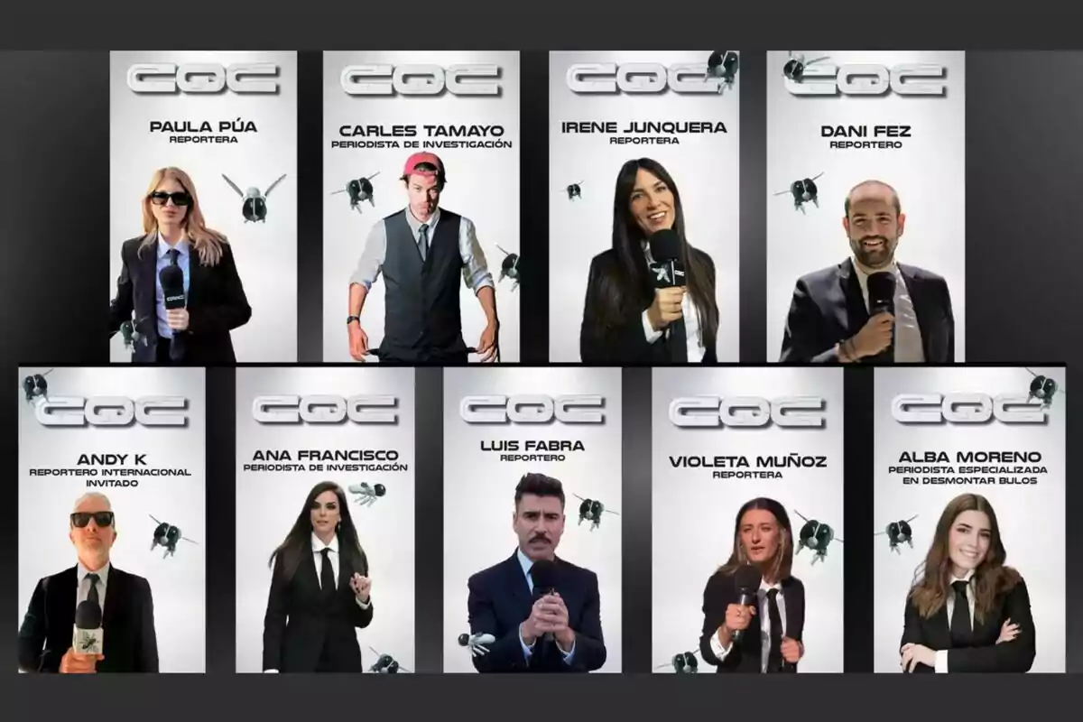 Un grupo de reporteros y periodistas de investigación posan con micrófonos frente a carteles que muestran sus nombres y roles en el programa Caiga quien caiga. Un grupo de reporteros y periodistas de investigación posan con micrófonos frente a carteles que muestran sus nombres y roles en el programa Caiga quien caiga.