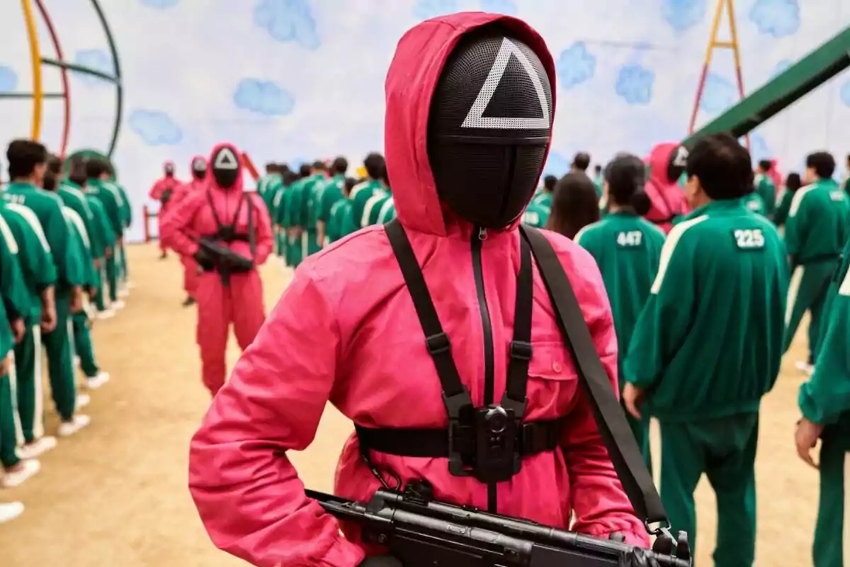 Sèrie 'El Joc del Calamar'. Una persona amb un vestit vermell i màscara negra amb un triangle blanc al centre sosté una arma mentre està dempeus davant d'un grup de persones vestides amb uniformes verds numerats en un entorn de joc.
