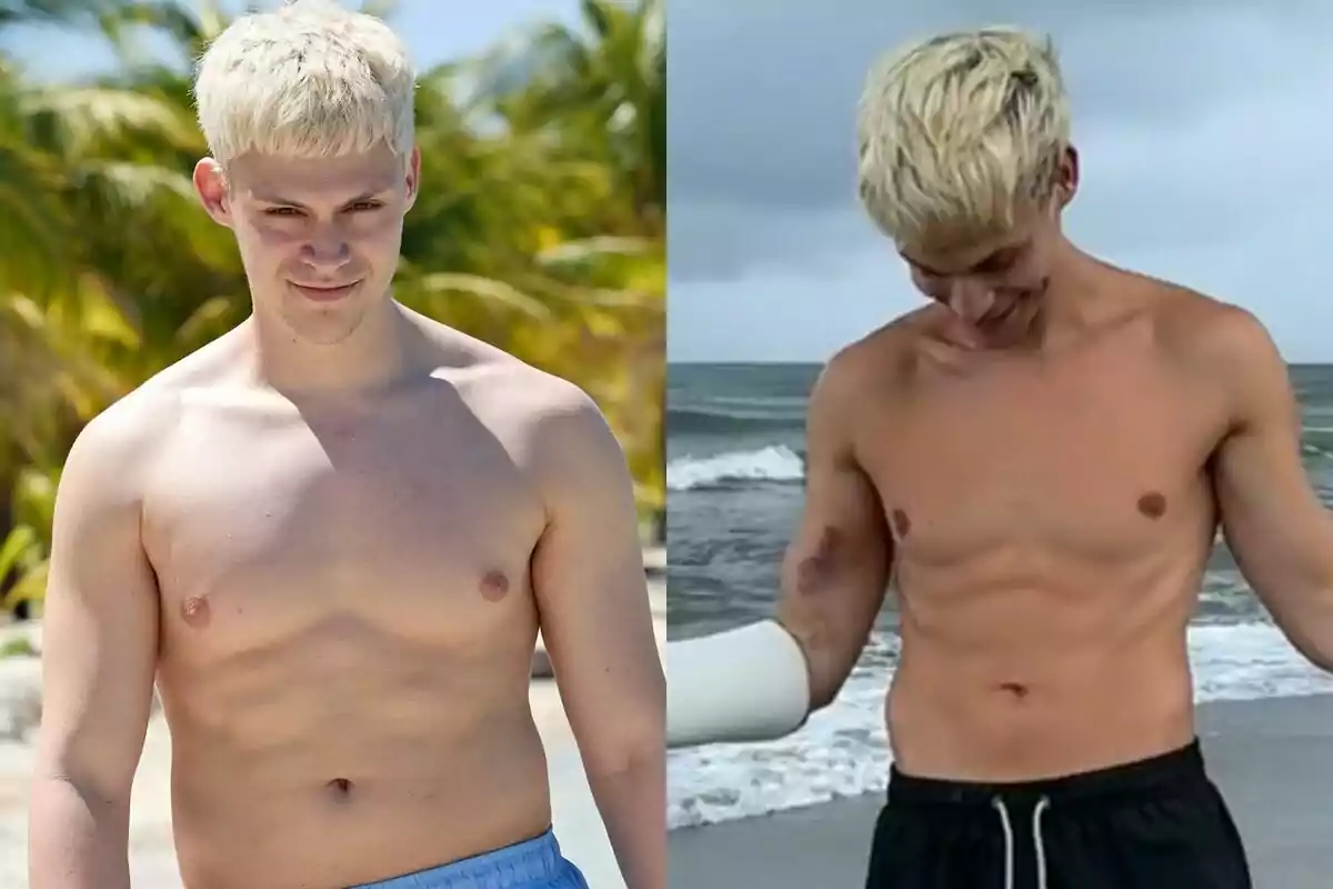 Dos imágenes del cambio físico de Almácor rubio sin camisa, una en la playa con palmeras de fondo y otra en la orilla del mar con el cielo nublado tras Supervivientes. Dos imágenes del cambio físico de Almácor rubio sin camisa, una en la playa con palmeras de fondo y otra en la orilla del mar con el cielo nublado tras Supervivientes.