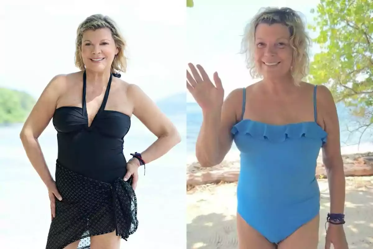 Terelu Campos en la playa lleva un traje de baño negro en una imagen y un traje de baño azul en otra, sonriendo y saludando en 'Supervivientes'.
