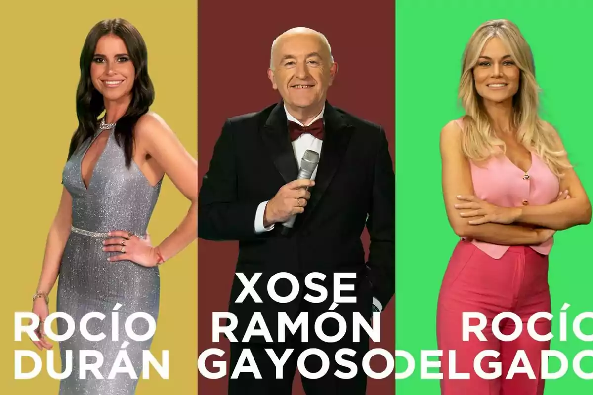 Xosé Ramón Gayoso, Rocío Delgado y Rocío Durán posan frente a fondos de colores sólidos, cada una con su nombre en letras grandes. Xosé Ramón Gayoso, Rocío Delgado y Rocío Durán posan frente a fondos de colores sólidos, cada una con su nombre en letras grandes.