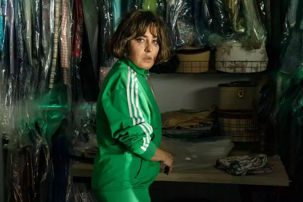 Candela Peña con chaqueta verde está en una habitación llena de ropa colgada en fundas de plástico en Furia. Candela Peña con chaqueta verde está en una habitación llena de ropa colgada en fundas de plástico en Furia.