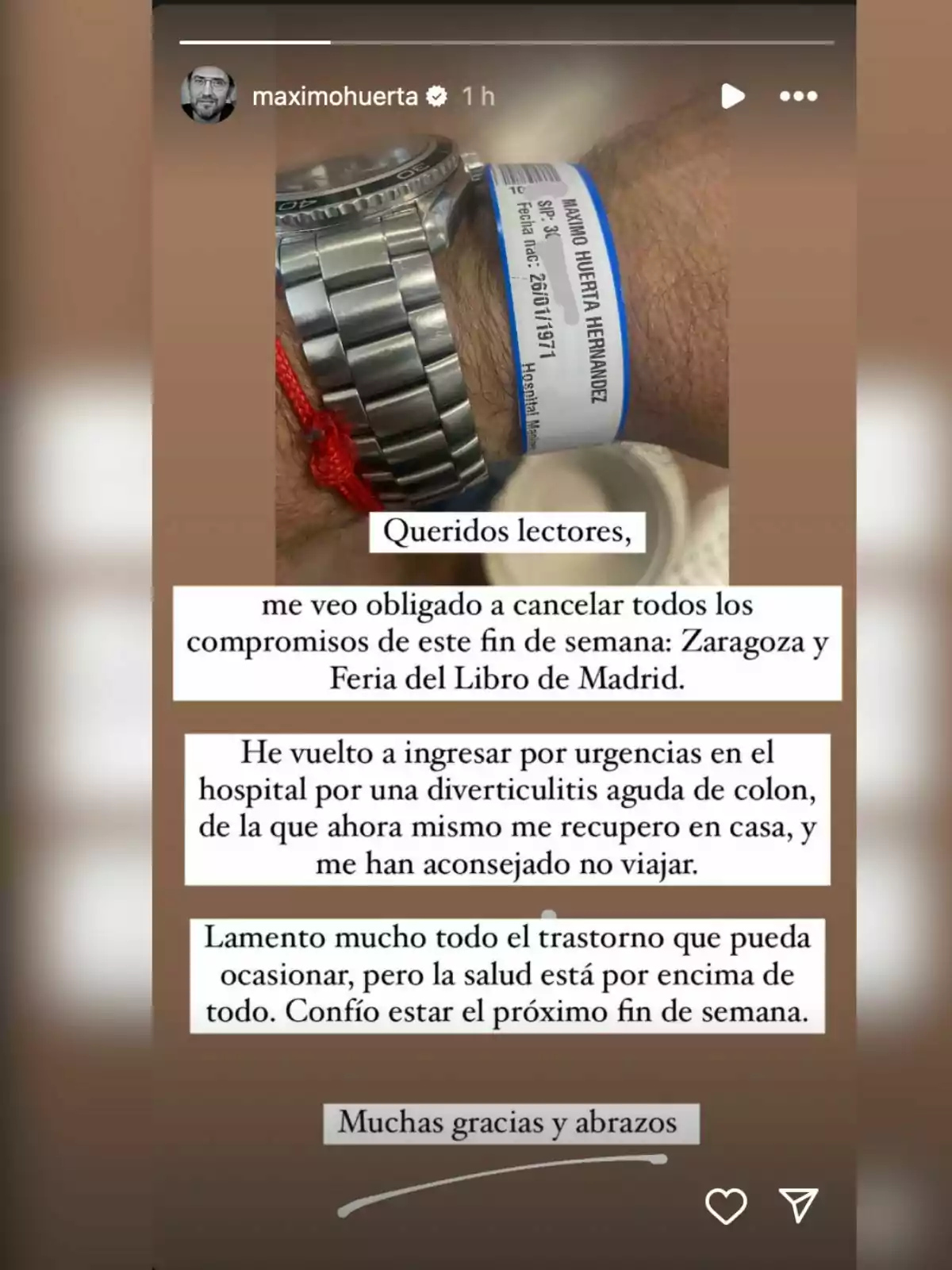 Captura de la storie de Máximo Huerta hablando sobre su salud Captura de la storie de Máximo Huerta hablando sobre su salud