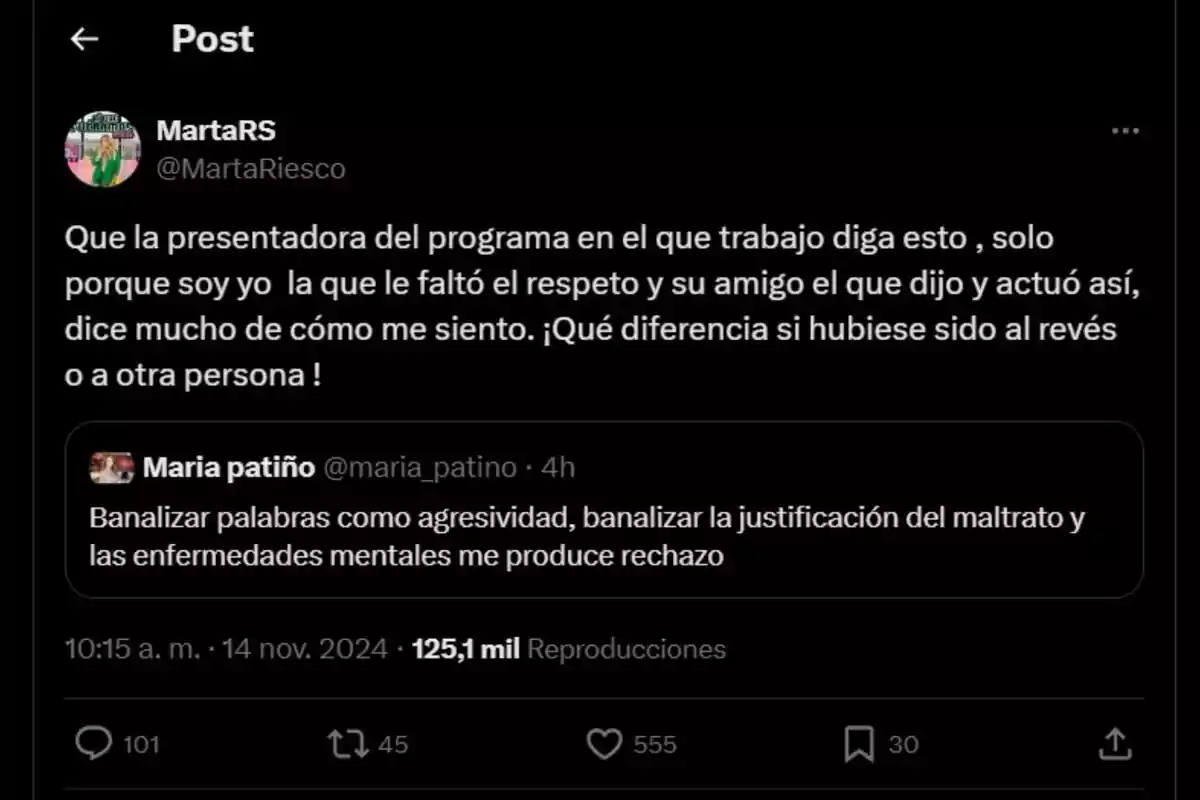 Captura de tweets de Marta Riesco y María Patiño Captura de tweets de Marta Riesco y María Patiño