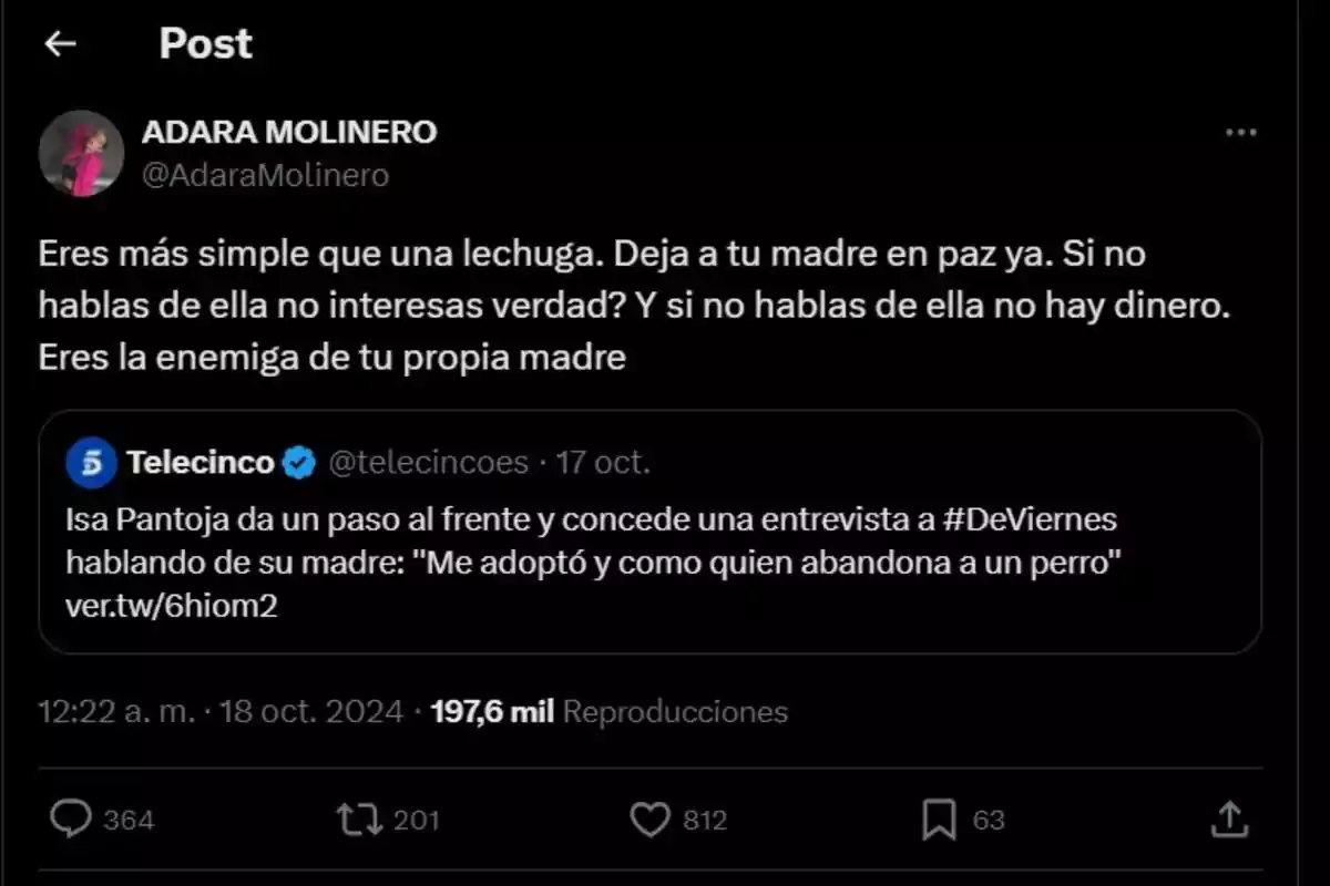Captura de un tweet de Adara Molinero en X Captura de un tweet de Adara Molinero en X